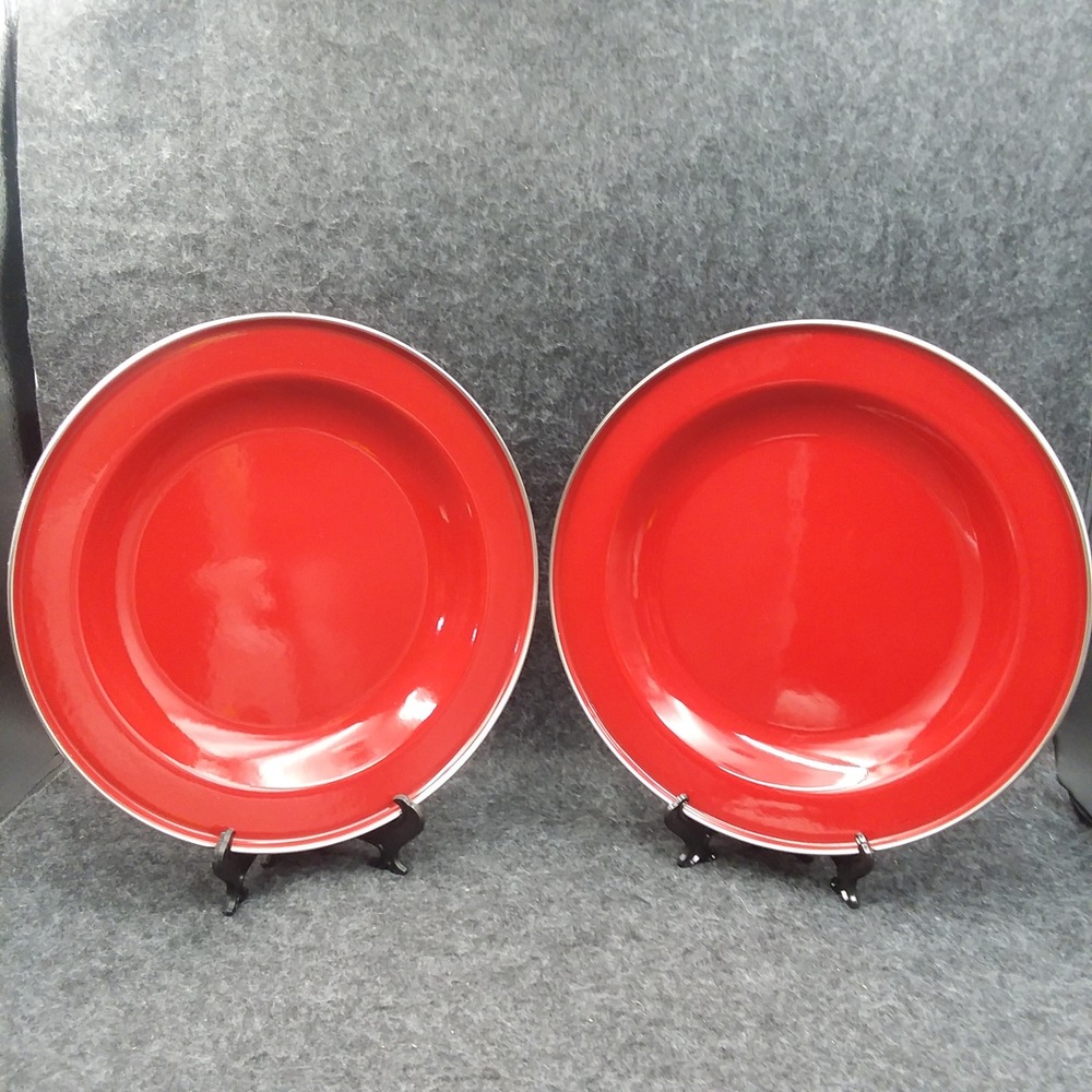 Set of 2 Pottery Barn Red 10" Plates Enamelware Partyware Metal Dinner Plates